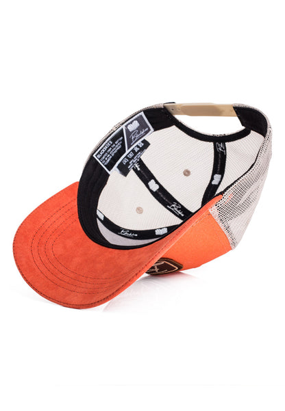 Orange and black cap with mesh back on a white background