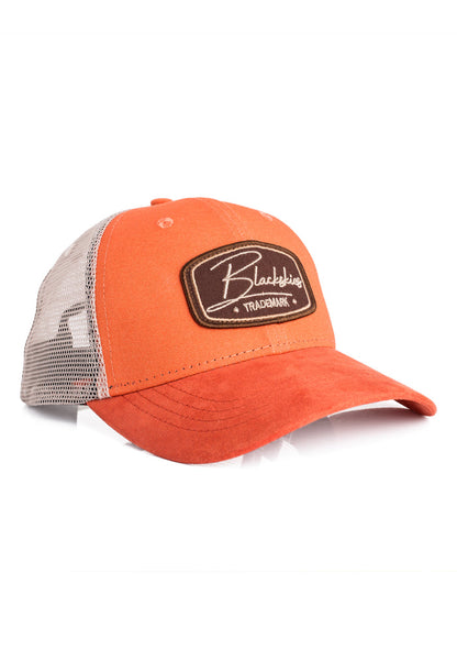 Orange trucker cap with a mesh back and brand logo on a white background