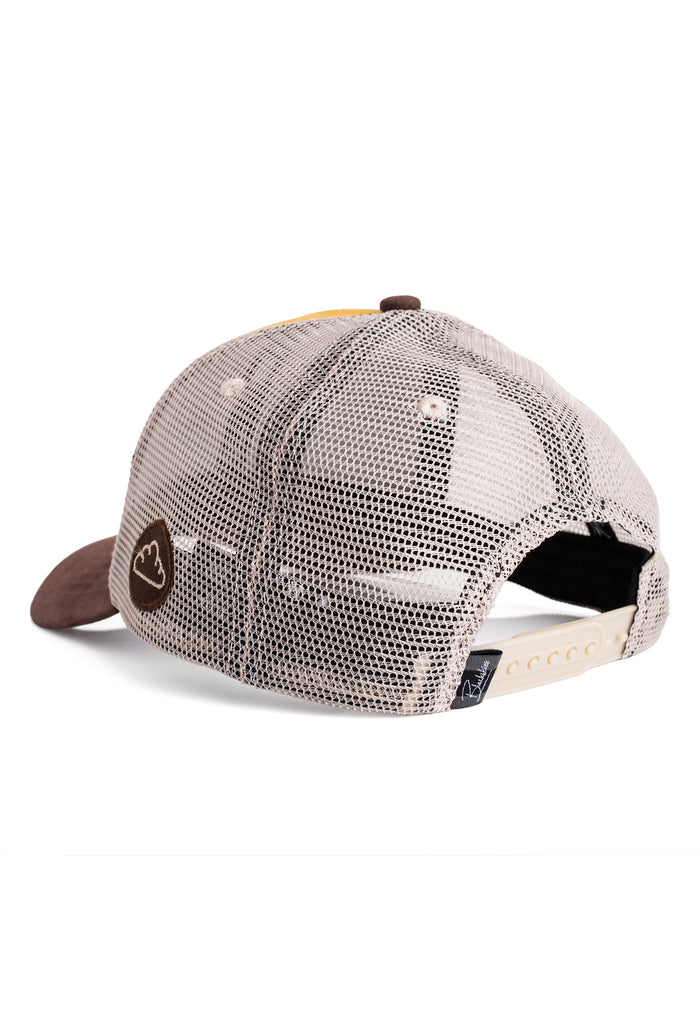 Back view of a cap with mesh design on a white background