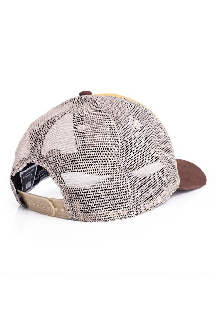 Trucker hat with mesh back and brown brim on a white background
