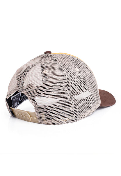 Trucker hat with mesh back and brown brim on a white background