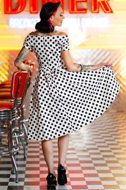 Lily Retro Off Shoulder White Polka Dot Swing Dress