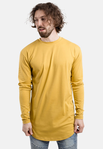 Blackskies-Round-Long-Sleeve-Longline-T-Shirt-Mustard-Side-Model