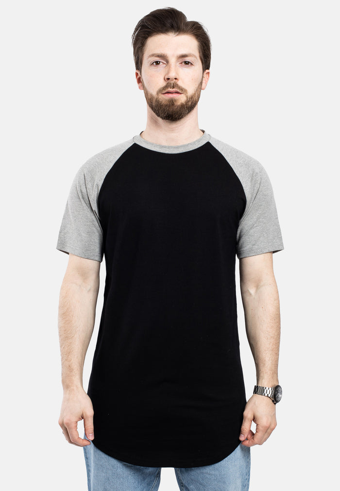 Blackskies-Round-Longline-Baseball-Short-Sleeve-T-Shirt-Black-Grey-Longshirt-Front