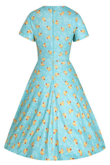 Palma Short Sleeved Tea Dress in Blue Rubber Duck Print