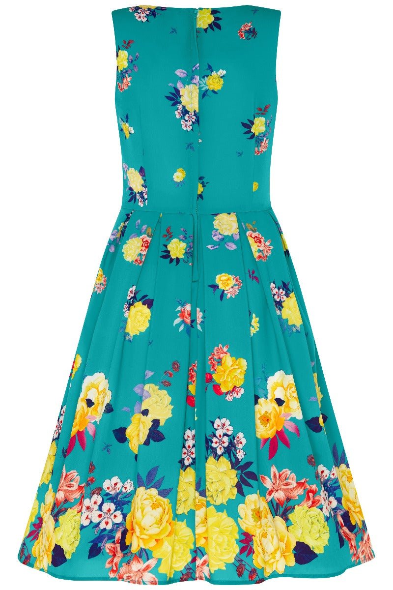 Annie Retro Raising Flowers Swing Dress - Turquoise