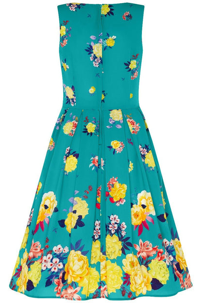 Annie Retro Raising Flowers Swing Dress - Turquoise