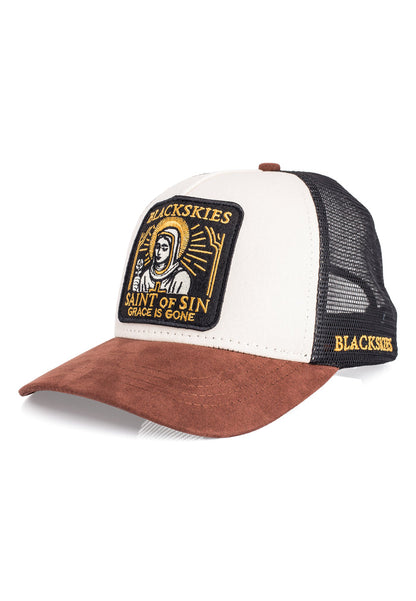 Trucker hat with 'Blackskies' branding on a white background