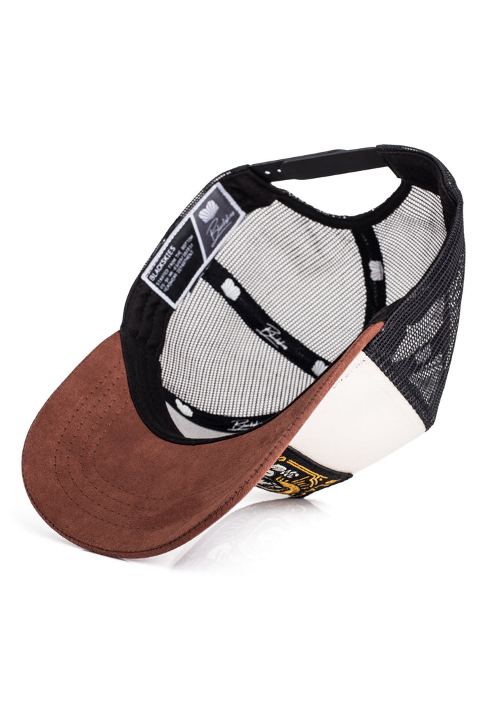 Two baseball caps with different colored visors on a white background