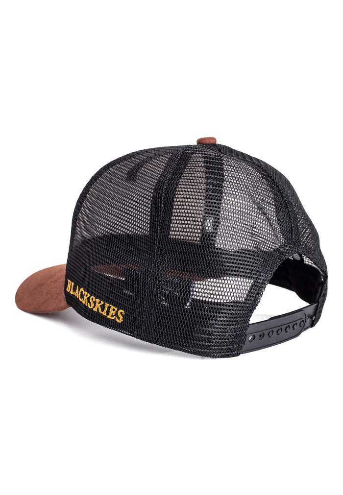 Black mesh cap with brown visor and 'BLACKSKIES' logo on a white background