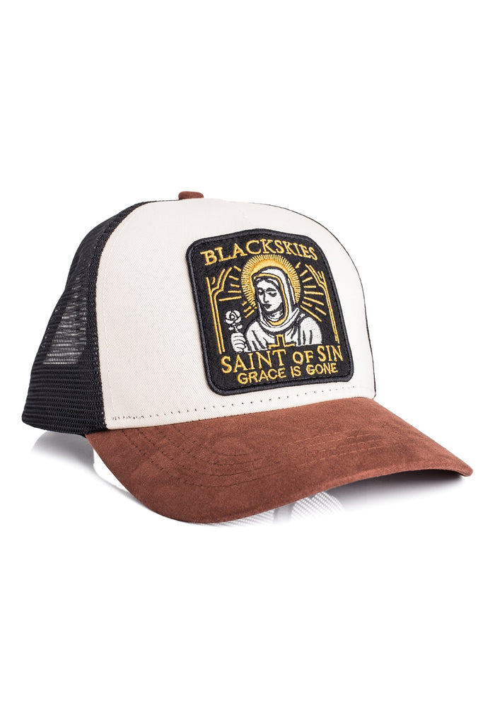Trucker hat with a graphic design on a white background