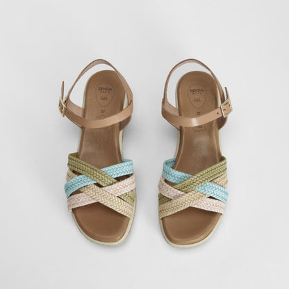 Sandalia cuña rafia piel multicolor SENDA ROAD