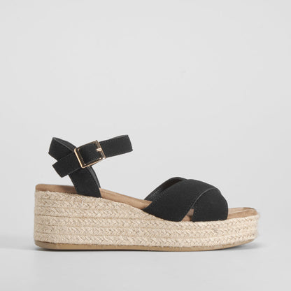 Sandalia cuña yute cruzada negra NYC