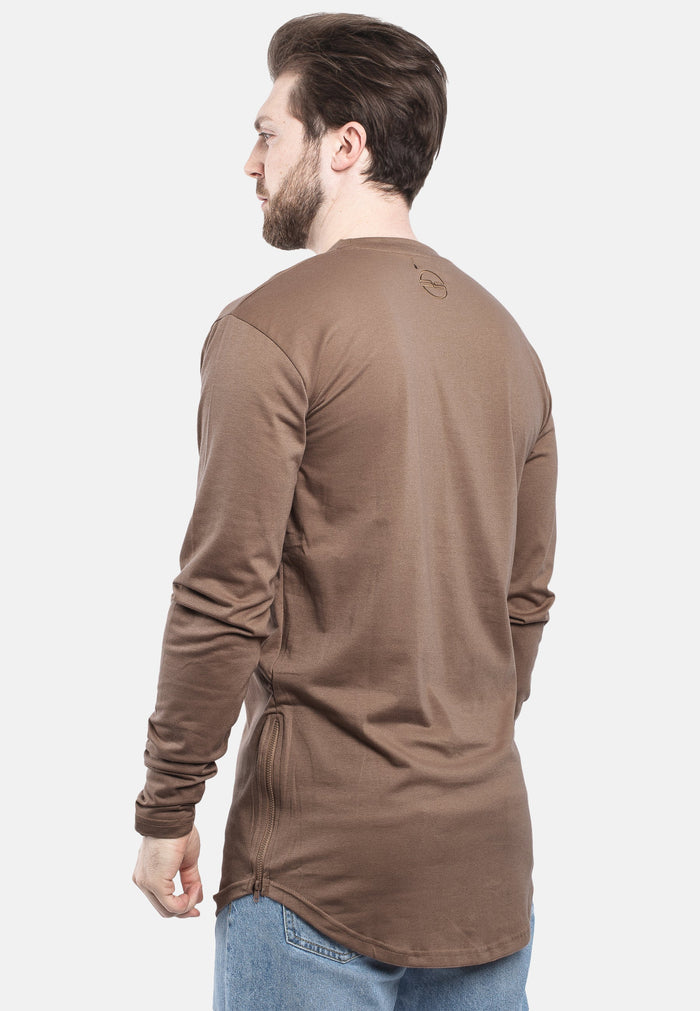 Blackskies-Side-Zip-Long-Sleeve-Longline-T-Shirt-Brown-Long-Tee-Mens-Back