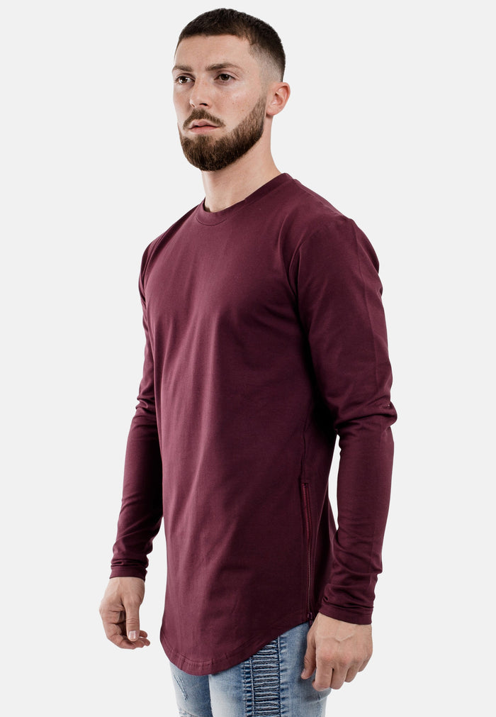 Oversize-Side-Zip-Longline-Longsleeve-T-Shirt-Burgundy-Curved-Hem