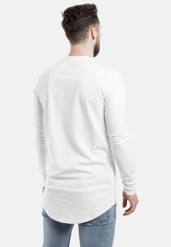 Blackskies-Side-Zip-Longline-Long-Sleeve-T-Shirt-White-Curved-Hem-Back-Model
