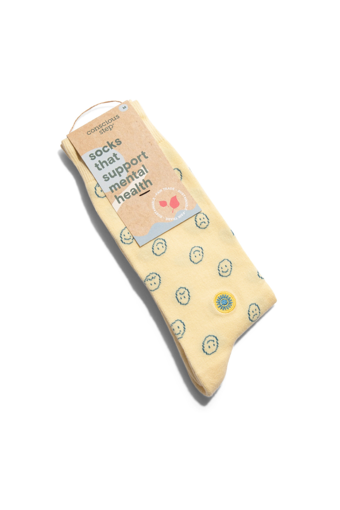 Conscious-Step-Socks-that-Support-Mental-Health-Yellow-Smiley-Faces
