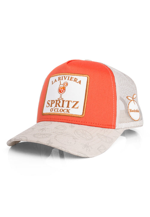 Orange and beige cap with 'La Riviera Spritz O'Clock' branding on a white background