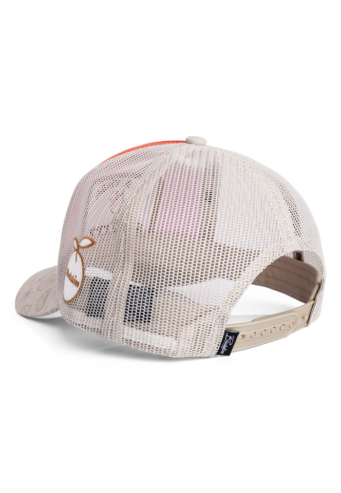 Beige mesh cap with brand logo on a white background