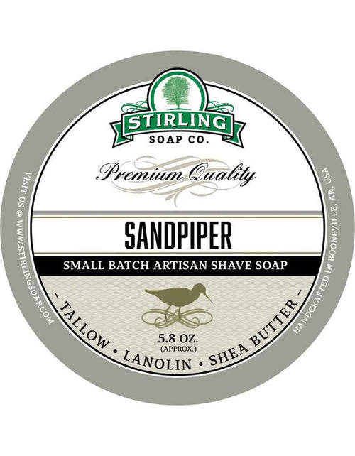 Stirling Sandpiper shave soap label with bird illustration and natural ingredients