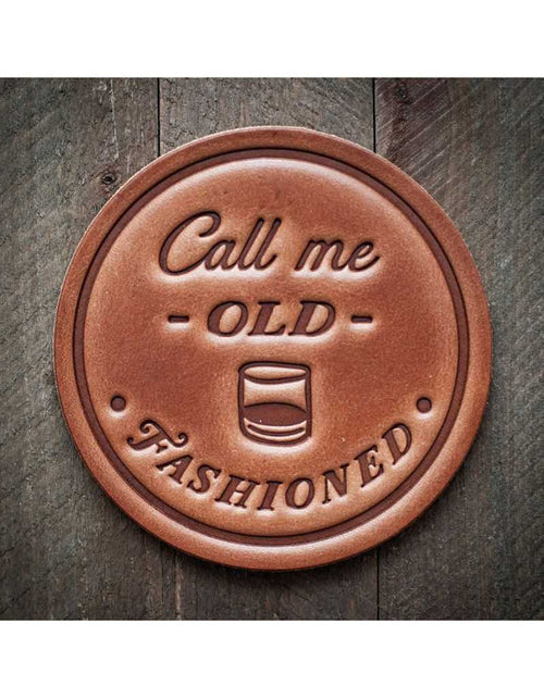Leather coaster with 'Call me Old Fashioned' text and drink icon