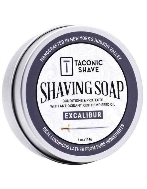Taconic Excalibur Shaving Soap tin with musk and mahogany scent label