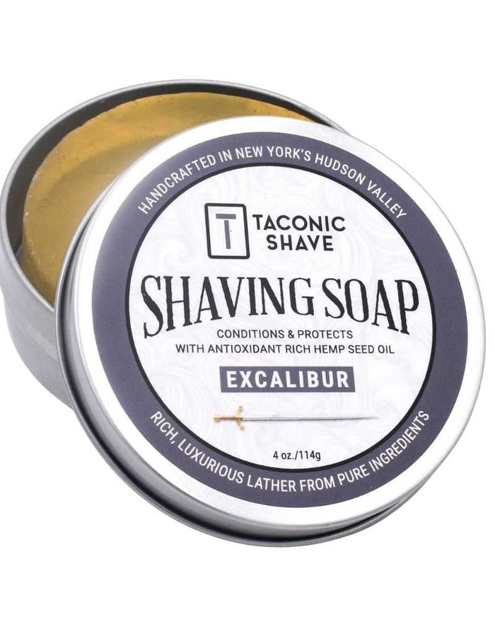 Open Taconic Excalibur Shaving Soap tin with golden soap inside