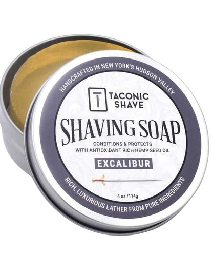 Open Taconic Excalibur Shaving Soap tin with golden soap inside