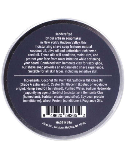 Back of Taconic Excalibur Shaving Soap tin with ingredients and description