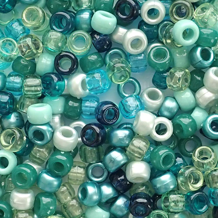 Teal Blue Green Jewel Mix Plastic Pony Beads, 6x9mm, 500 beads