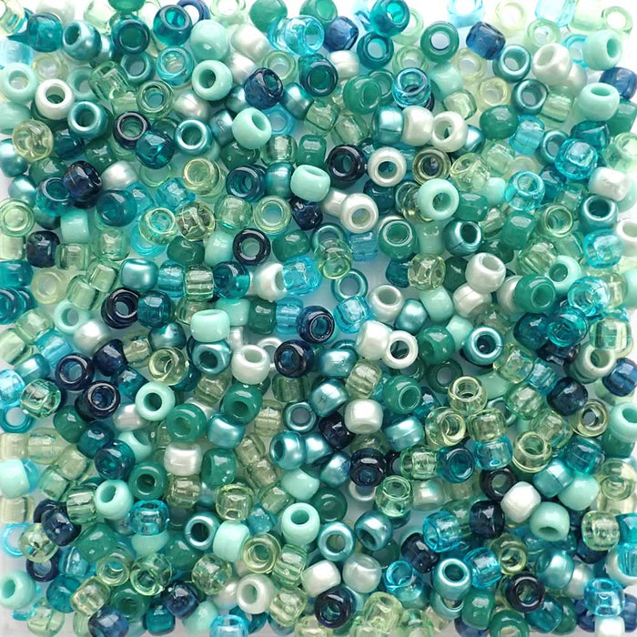 Teal Blue Green Jewel Mix Plastic Pony Beads, 6x9mm, 500 beads