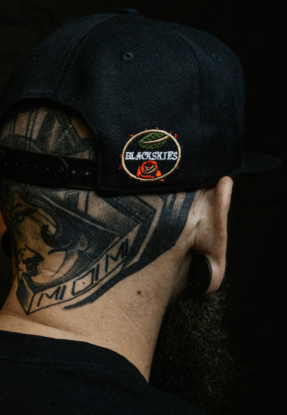 Blackskies-Romance-Snapback-Cap-Skull-Rose-Lover-Tattoo-Neo-Traditional-Model-Hat-Model-Full-Back