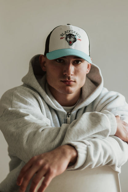 Blackskies-Traditional-Tattoo-Trucker-Cap-Panther-White-Black-Blue-Model-2