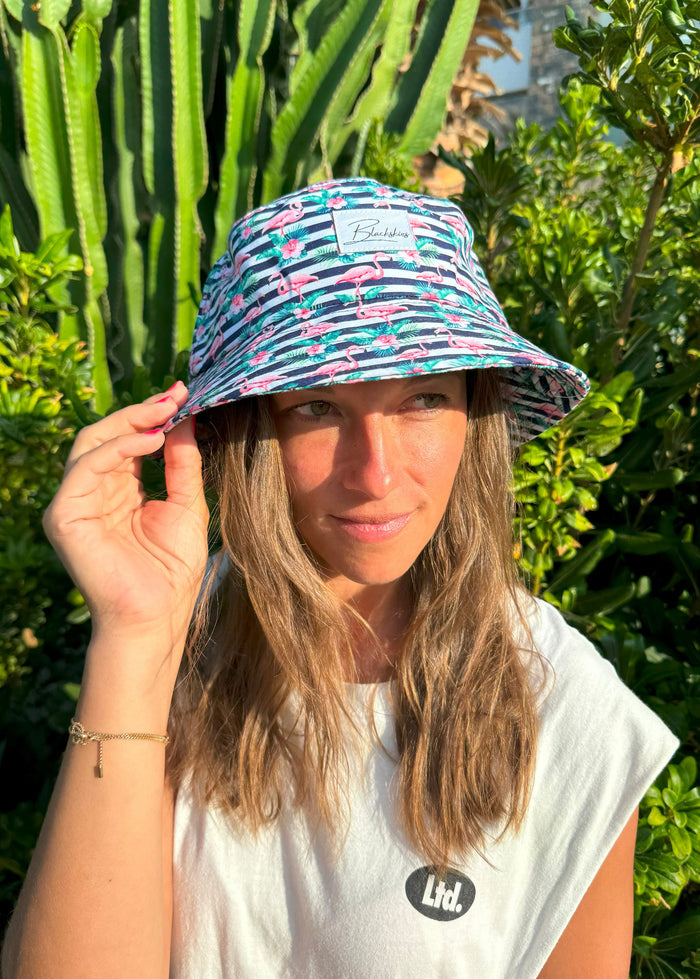 Blackskies-Tropical-Flamingo-Bucket-Hat-Blue-White-Striped-Model-Female