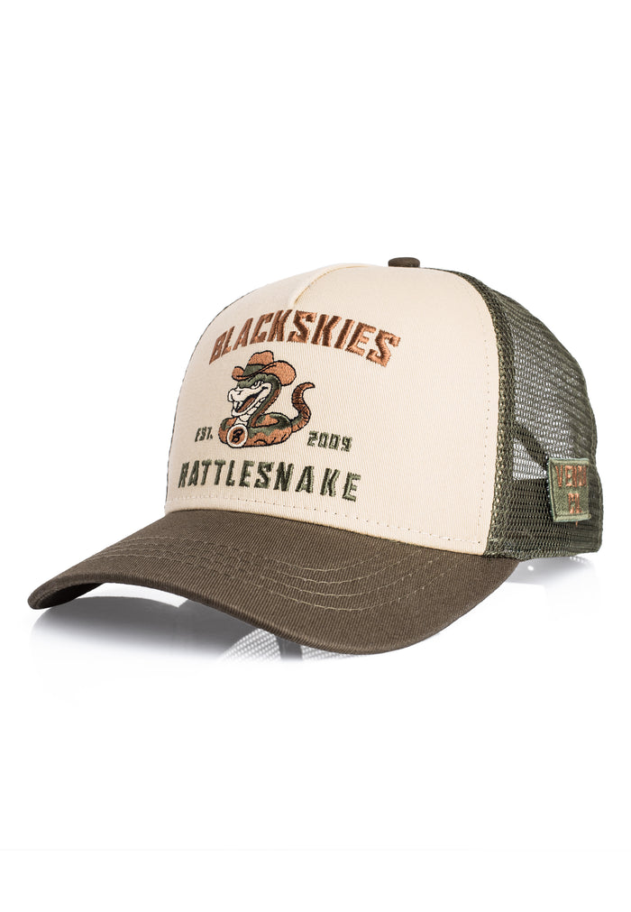 Trucker hat with 'Blackskies' and 'Battlesnake' branding on a white background