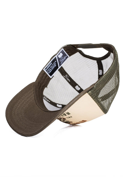Trucker hat with mesh back and leather brim on a white background