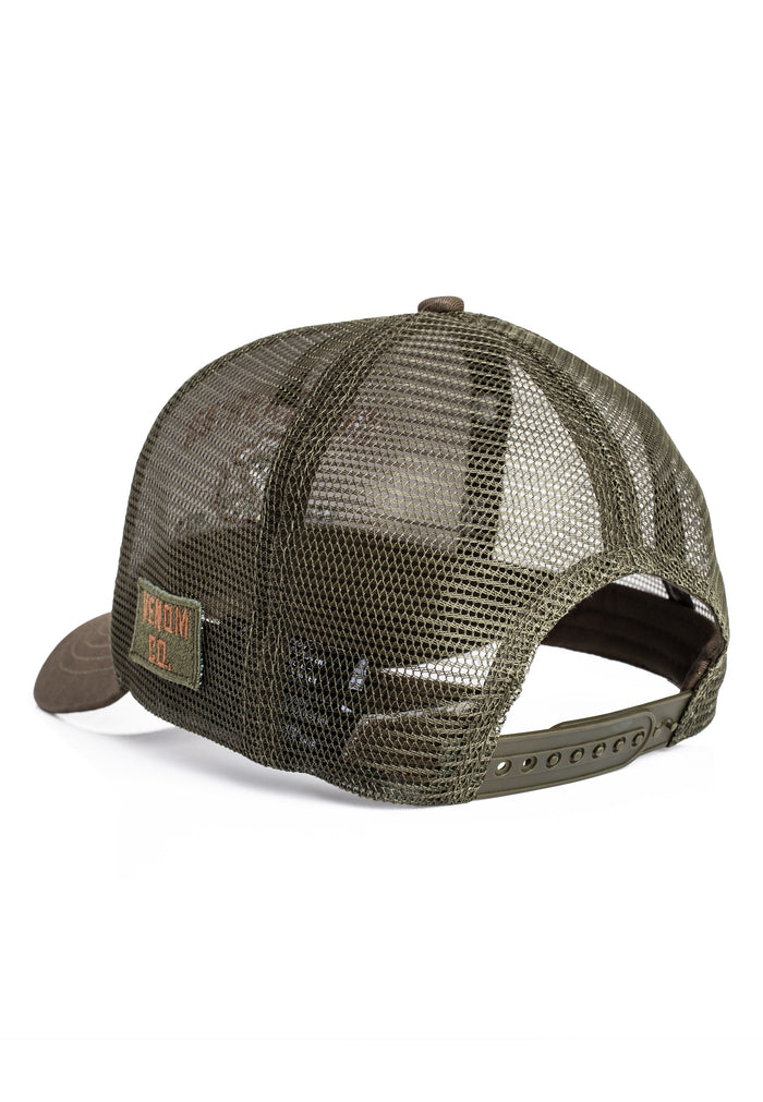 Green mesh cap with a brand logo on a white background