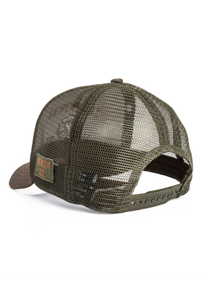 Green mesh cap with a brand logo on a white background