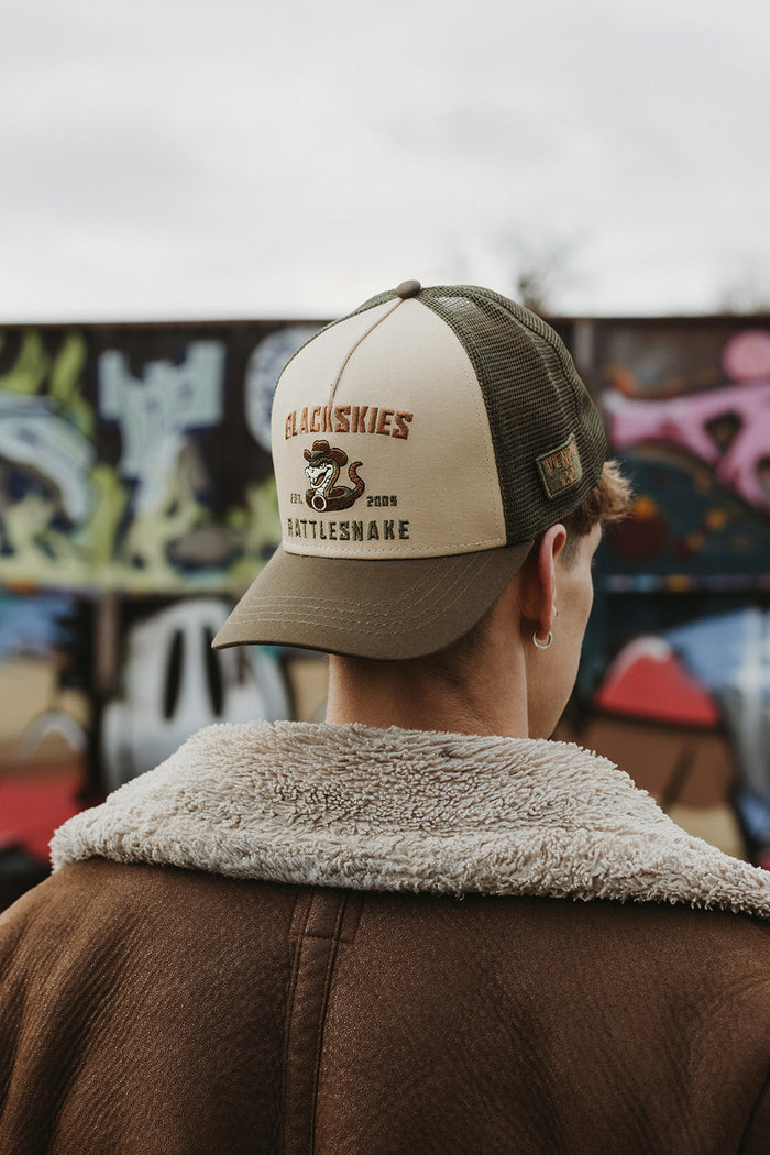 Person wearing a cap with 'Blackskies' branding in an indoor setting with colorful artwork.