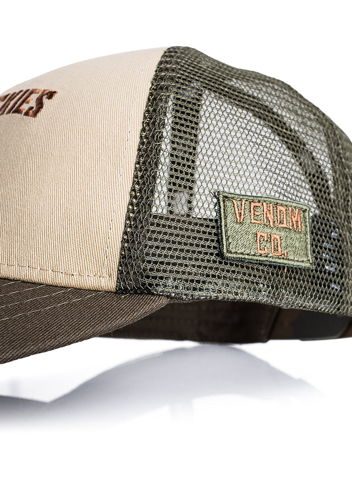 Trucker hat with mesh back and brand logo on a white background