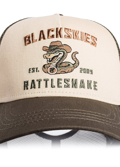 Beige and brown cap with 'Blackskies Rattlesnake' logo and text on a white background