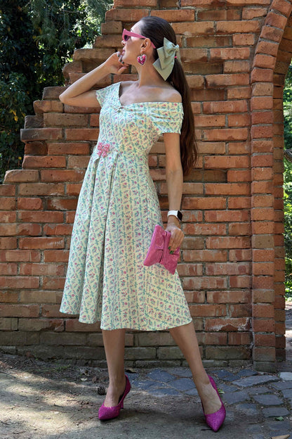 Lily White Floral Tile Off Shoulder Dress